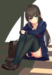 Rule 34 | 1girl, between legs, black thighhighs, blue eyes, blue shirt, blue skirt, briefcase, brown footwear, brown hair, closed mouth, collarbone, crossed legs, eyebrows, full body, green thighhighs, hair ribbon, head tilt, highres, index finger raised, indoors, kagematsuri, knees up, loafers, long hair, long sleeves, low ponytail, neckerchief, original, pink ribbon, pleated skirt, ribbon, sailor collar, school briefcase, shirt, shoes, sitting, skirt, smile, solo, stairs, sunlight, tareme, thighhighs, thighs, upskirt, window