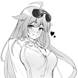 Rule 34 | 1girl, ahoge, aviator sunglasses, bad id, bad pixiv id, blush, breasts, eyewear on head, gayprince no.2, girls&#039; frontline, greyscale, grin, hair flaps, heart, large breasts, looking at viewer, m1918 (girls&#039; frontline), military, military uniform, monochrome, necktie, nose blush, smile, solo, sunglasses, uniform, upper body, white background