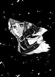 Rule 34 | 1girl, absurdres, ainu clothes, artist name, asirpa, black background, black hair, black theme, deko (pixiv13085538), golden kamuy, greyscale, highres, looking at viewer, monochrome, snowing, solo, wolf