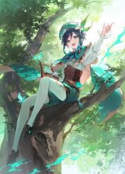 Rule 34 | 1boy, aqua eyes, arm up, bard, black hair, braid, brown footwear, commentary request, dsmile, genshin impact, gradient hair, green headwear, green shorts, harp, highres, instrument, loafers, long sleeves, multicolored hair, pantyhose, shoes, shorts, sitting, solo, tree, twin braids, venti (genshin impact), white pantyhose