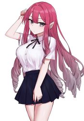 Rule 34 | 1girl, absurdres, baobhan sith (fate), black ribbon, black skirt, drill hair, elfenlied22, fate/grand order, fate (series), gradient hair, grey eyes, hand up, highres, looking at viewer, multicolored hair, nail polish, red nails, ribbon, school uniform, shirt, simple background, skirt, solo, thighs, white background, white shirt