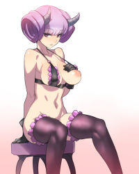 Rule 34 | 10s, 1girl, ban! (bansankan), black bra, black gloves, black thighhighs, bottomless, bra, breasts, character request, cleavage, commentary request, covered erect nipples, demon girl, extra, frilled thighhighs, frills, gloves, gradient background, highres, horns, kono subarashii sekai ni shukufuku wo!, large breasts, lingerie, looking at viewer, navel, nipples, one breast out, purple eyes, purple hair, sitting, solo, thighhighs, underwear