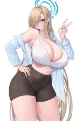 Rule 34 | 1girl, aqua nails, asuna (blue archive), bare shoulders, bike shorts, black pants, black shorts, blonde hair, blue archive, blue eyes, blue shirt, bra, breasts, cleavage, commentary request, cowboy shot, crop top, grin, hair over one eye, halo, head tilt, highres, huge breasts, jewelry, kuavera, leggings, long hair, looking at viewer, midriff, mole, mole on breast, nail polish, navel, necklace, off shoulder, open clothes, open shirt, pants, shirt, shorts, simple background, skin tight, smile, solo, sports bra, standing, thick thighs, thighs, underwear, very long hair, white background