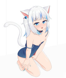 Rule 34 | 1girl, absurdres, amrb, animal collar, animal ear fluff, animal ears, bare shoulders, blue eyes, blush, breast slip, breasts, breasts out, cat ears, cat girl, cat tail, collar, collarbone, dress, embarrassed, female masturbation, fingering, gawr gura, gawr gura (casual), highres, hololive, hololive english, implied fingering, implied masturbation, kemonomimi mode, kneeling, looking at viewer, looking up, masturbation, multicolored hair, nipple slip, nipples, official alternate costume, open mouth, pet play, simple background, small breasts, solo, streaked hair, tail, tail raised, virtual youtuber
