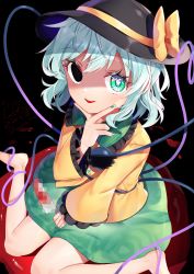 Rule 34 | 1girl, :&gt;, arm up, barefoot, black background, black eyes, black hat, blood, bloody knife, blue hair, censored, collar, dated, fingernails, floral print, foreshortening, frilled shirt collar, frilled sleeves, frills, green collar, green eyes, green nails, green skirt, gunjou row, hand on lap, hand on own chin, hat, hat ribbon, heart, heart-shaped pupils, heart of string, heterochromia, highres, holding, holding knife, horror (theme), knife, komeiji koishi, long sleeves, looking at viewer, mosaic censoring, nail polish, parted lips, pool of blood, ribbon, rose print, shaded face, shirt, short hair, signature, simple background, sitting, skirt, solo, symbol-shaped pupils, third eye, touhou, twitter username, wariza, yellow shirt