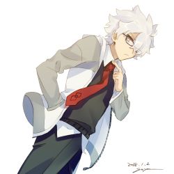 Rule 34 | 1boy, adjusting clothes, adjusting necktie, black pants, black shirt, cosplay, cowboy shot, fate/grand order, fate (series), galahad (fate), glasses, goya (xalbino), hair between eyes, hair over one eye, hand in pocket, jacket, looking at viewer, male focus, mash kyrielight, mash kyrielight (cosplay), necktie, pants, red necktie, shirt, short hair, signature, solo, upper body, white background, white hair, yellow eyes