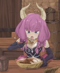 Rule 34 | 1girl, absurdres, aura (sousou no frieren), black corset, black gloves, blue eyes, blush, braid, breasts, cleavage, clothing cutout, corset, curry, demon girl, demon horns, eating, elbow gloves, food, gloves, gold necklace, hair between eyes, highres, horns, jewelry, long hair, low-braided long hair, low-tied long hair, medium breasts, multiple braids, naaga sonomono, navel, navel cutout, necklace, open mouth, pink hair, sitting, sousou no frieren, table, twin braids