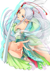 Rule 34 | 1girl, absurdres, ass, backless outfit, bare shoulders, blue eyes, breasts, detached sleeves, dress, earrings, elf, green dress, highres, holding, holding sword, holding weapon, jewelry, long hair, looking at viewer, official art, pointy ears, ponytail, red footwear, small breasts, solo, sword, very long hair, weapon, white hair, yumari nakura