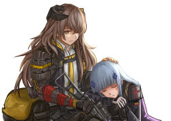 Rule 34 | 2girls, assault rifle, blue hair, brown eyes, brown hair, closed eyes, closed mouth, german flag, girls&#039; frontline, gun, h&amp;k hk416, hair ornament, hand on another&#039;s head, highres, hk416 (girls&#039; frontline), holding, holding head, holding weapon, jacket, long hair, looking at another, mechanical arms, mod3 (girls&#039; frontline), multiple girls, necktie, one eye covered, rifle, shirt, silayloe, single mechanical arm, ump45 (girls&#039; frontline), ump45 (mod3) (girls&#039; frontline), weapon, white background, white shirt, yellow neckwear