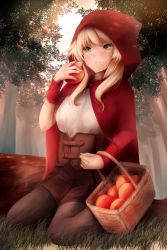 Rule 34 | 1girl, :t, apple, bad id, bad pixiv id, black pantyhose, blonde hair, brown skirt, cape, cloak, commentary, corset, eating, food, forest, fruit, grass, green eyes, highres, holding, holding food, holding fruit, hood, hooded cloak, little red riding hood, nature, original, pantyhose, pout, red cape, red hood, sitting, skirt, snm (sunimi), solo, tree, wariza, wrist cuffs