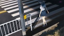 Rule 34 | 1girl, absurdres, banishment, black hair, blue eyes, blue skirt, brown footwear, commentary request, crosswalk, from above, from behind, highres, huge filesize, loafers, looking down, looking to the side, original, outdoors, parted lips, pleated skirt, profile, railing, road, school uniform, serafuku, shadow, shoes, short hair, short sleeves, signature, skirt, socks, solo, standing, street, utility pole, white socks, wide shot