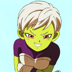 Rule 34 | 1girl, alien, armor, artist request, bodysuit, breastplate, breasts, cheelai, cheelai, cleavage, closed mouth, collarbone, colored skin, dragon ball, dragon ball super, dragon ball super broly, gloves, green skin, grin, medium breasts, pink eyes, purple bodysuit, short hair, simple background, smile, solo, upper body, white gloves, white hair