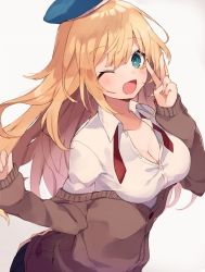 Rule 34 | 10s, 1girl, ;d, aqua eyes, atago (kancolle), beret, black skirt, blonde hair, blue hat, blush, breasts, cardigan, cleavage, collarbone, collared shirt, dress shirt, eyebrows, hat, head tilt, kantai collection, long hair, medium breasts, off shoulder, one eye closed, open mouth, pleated skirt, red ribbon, ribbon, shirt, shugao, simple background, skirt, sleeves past wrists, smile, solo, unbuttoned, v, white background, wing collar
