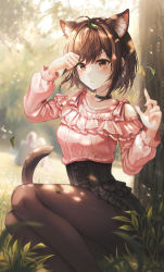 Rule 34 | 1girl, absurdres, animal ear fluff, animal ears, arm up, black choker, black skirt, blush, brown eyes, brown hair, brown pantyhose, cat ears, cat girl, cat tail, choker, closed mouth, day, extra ears, feet out of frame, grass, hand up, highres, leaf, leaf on head, looking at viewer, mirage (rairudiseu), outdoors, pantyhose, pink shirt, project sekai, resolution mismatch, shinonome ena, shirt, short hair, sitting, skirt, solo, source smaller, tail, thighs, tree