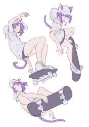 Rule 34 | 1girl, animal ears, closed mouth, commentary, hat, holding, holding skateboard, hood, hood down, hoodie, looking at viewer, looking to the side, mogumo, multiple views, original, parted lips, purple eyes, purple hair, shoelaces, shoes, short hair, shorts, simple background, skateboard, skating, sneakers, sweat, tail, white background, white legwear