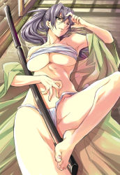 Rule 34 | 1girl, armpits, bad id, bad pixiv id, bandages, bare shoulders, barefoot, between legs, breasts, brown eyes, cleavage, feet, flieger, from above, fundoshi, grey hair, groin, hair between eyes, hair intakes, hand on own head, hand on own stomach, high ponytail, highres, indoors, japanese clothes, katana, large breasts, long hair, long sleeves, looking at viewer, lying, off shoulder, on back, on floor, one eye closed, open clothes, open robe, original, ponytail, purple hair, robe, sarashi, shadow, sheath, sketch, skindentation, smile, solo, sword, tatami, toes, underboob, weapon, wink, wooden floor