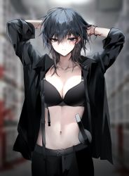Rule 34 | 1girl, absurdres, arm behind head, arms up, bara (03 bara ), belt, black belt, black bra, black hair, black shirt, blood, blood on arm, blue eyes, blurry, blurry background, bra, breasts, cleavage, collarbone, collared shirt, commentary request, cowboy shot, hair between eyes, highres, large breasts, long hair, long sleeves, looking at viewer, navel, open clothes, open shirt, original, shirt, solo, standing, stomach, sword, underwear, weapon, wristband, yokoyama ishimi
