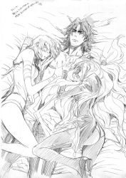 Rule 34 | 1boy, 2girls, akio0615, bed, caren hortensia, cassock, claudia hortensia, coat, cuddling, eyepatch, family, fate/hollow ataraxia, fate/stay night, fate (series), father and daughter, graphite (medium), greyscale, hand on another&#039;s chest, hat, husband and wife, kotomine kirei, manly, monochrome, mother and daughter, multiple girls, nightshirt, open clothes, open shirt, pantyhose, shirt, time paradox, traditional media, trench coat