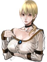 Rule 34 | 1girl, blonde hair, blouse, breasts, brooch, brown eyes, capcom, choker, demento, fiona belli, grey eyes, image sample, inkey, jewelry, large breasts, md5 mismatch, pixiv sample, ponytail, shirt, sketch, solo