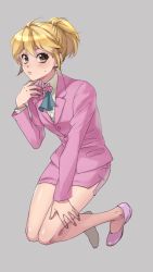 Rule 34 | 1boy, androgynous, blonde hair, brown eyes, chlfl05, closed mouth, commentary request, crossdressing, formal, high heels, hunter x hunter, kurapika, pumps, short hair, simple background, skirt, solo, suit