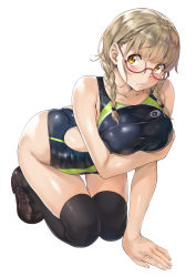 Rule 34 | 1girl, arm support, ass, back cutout, bare shoulders, black one-piece swimsuit, black thighhighs, blonde hair, blush, braid, breast hold, breasts, brown footwear, clothing cutout, collarbone, competition swimsuit, glasses, highres, kneeling, large breasts, loafers, looking at viewer, nagayori, one-piece swimsuit, original, red-framed eyewear, shoes, swimsuit, tareme, thighhighs, thighs, twin braids, white background, yellow eyes