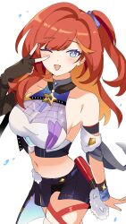 Rule 34 | :d, awe (adorableduckyy), bare shoulders, black gloves, black shorts, blue eyes, breasts, character request, colored inner hair, fingerless gloves, gloves, highres, honkai (series), honkai impact 3rd, korean commentary, large breasts, long hair, looking at viewer, midriff, multicolored hair, navel, open hand, open mouth, ponytail, red hair, shorts, simple background, smile, thigh strap, v, white background