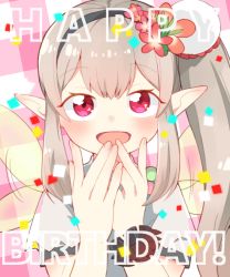 Rule 34 | 1girl, :d, afterimage, black hairband, blush, brown hair, commentary request, elf, elu (nijisanji), fingernails, flower, hair flower, hair ornament, hairband, hand to own mouth, hands up, happy birthday, long hair, looking at viewer, nijisanji, open mouth, plaid, plaid background, pointy ears, red eyes, red flower, shirt, short sleeves, side ponytail, smile, solo, transparent wings, upper body, very long hair, virtual youtuber, white shirt, yamase, yellow wings