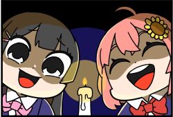 Rule 34 | 2girls, :d, ^ ^, ahoge, bkub, black eyes, black hair, blazer, blue background, bow, bowtie, candle, candlelight, chibi, closed eyes, collared shirt, commentary, dark, dot nose, facing viewer, flower, hair flower, hair ornament, hairclip, honma himawari, jacket, long hair, looking at viewer, multiple girls, nijisanji, open mouth, pink hair, pink neckwear, portrait, red neckwear, school uniform, shirt, smile, sunflower, sunflower hair ornament, teeth, tsukino mito, tsukino mito (3rd costume), upper teeth only, virtual youtuber