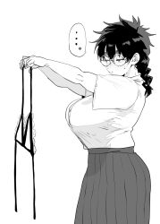 Rule 34 | ..., 1girl, blush, braid, breasts, commentary, doctor masube, freckles, frills, from side, glasses, half-closed eyes, highres, holding, holding clothes, holding swimsuit, huge breasts, jimiko, messy hair, monochrome, nervous sweating, original, pleated skirt, school uniform, shirt, shirt tucked in, short sleeves, simple background, skirt, solo, spoken ellipsis, sweat, swimsuit, symbol-only commentary, twin braids, unworn bikini top, white background