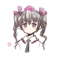 Rule 34 | &gt;:(, 1girl, black necktie, blush, bow, brown hair, collared shirt, commentary request, frilled shirt collar, frills, hair bow, hat, himekaidou hatate, naegi (naegidokoro), necktie, pointy ears, puffy sleeves, purple bow, purple eyes, shirt, short hair, simple background, solo, tokin hat, touhou, twintails, v-shaped eyebrows, white background, white shirt