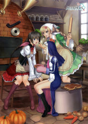 Rule 34 | 10s, 3girls, absurdres, boots, braid, bread, breasts, carrot, cleavage, copyright name, cross-laced footwear, eari (shining hearts), food, highres, huge filesize, kitchen, knee boots, long legs, manaflare amil, multiple girls, neris (shining hearts), nun, onion, oven, pumpkin, rolling pin, shining (series), shining hearts, shining world, smile, tony taka, twin braids