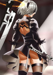 Rule 34 | 1girl, ass, back cutout, black dress, black gloves, black thighhighs, blindfold, boots, clothing cutout, cowboy shot, dress, from behind, gloves, highres, holding, holding sword, holding weapon, jamg336, lipstick, long sleeves, makeup, nier (series), nier:automata, puffy long sleeves, puffy sleeves, short hair, silver hair, solo, sword, thigh boots, thighhighs, weapon, 2b (nier:automata)