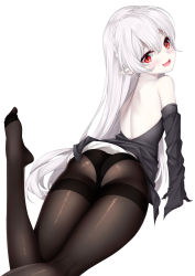 Rule 34 | 1girl, :d, absurdres, arknights, ass, bare shoulders, black panties, black pantyhose, blush, clothes lift, commentary request, dress, dress lift, drooling, fang, foot up, grey dress, grey hair, hair between eyes, highres, kong lang (skywave), long hair, lying, no shoes, on stomach, open mouth, pale skin, panties, panties under pantyhose, pantyhose, pointy ears, sidelocks, slit pupils, smile, solo, thighband pantyhose, underwear, warfarin (arknights), white background