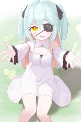 Rule 34 | 1girl, absurdres, blue hair, detached sleeves, dress, eyepatch, green background, hair between eyes, hair ribbon, highres, last origin, light blue hair, lk149, long hair, looking at viewer, lrl (last origin), multicolored hair, open mouth, outstretched arms, pink hair, ribbon, simple background, sitting, solo, two-tone hair, white dress, white sleeves, yellow eyes