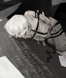 Rule 34 | 1girl, blood, blood stain, faust (project moon), half-closed eyes, limbus company, naughty 0b, on ground, project moon, solo, straitjacket, white hair, writing, writing on wall