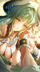 1boy 1girl absurdres ancient_egyptian_clothes azur_lane barefoot blush braid breasts cleavage commander_(azur_lane) commentary green_eyes green_hair hair_intakes hand_on_another&#039;s_cheek hand_on_another&#039;s_face highres junpaku_karen large_breasts long_hair looking_at_viewer low_twin_braids official_alternate_costume open_mouth pov pov_hands raffaello_(azur_lane) raffaello_(protector_of_love_and_beauty)_(azur_lane) skindentation symbol-only_commentary symbol-shaped_pupils toes twin_braids usekh_collar very_long_hair wet x-shaped_pupils