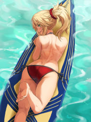 Rule 34 | 1girl, ass, back, bare shoulders, bikini, blonde hair, braid, breasts, fate/grand order, fate (series), french braid, green eyes, hair ornament, hair scrunchie, highres, long hair, looking at viewer, looking back, mordred (fate), mordred (fate) (all), mordred (fate/apocrypha), mordred (swimsuit rider) (fate), mordred (swimsuit rider) (first ascension) (fate), open mouth, parted bangs, ponytail, prydwen (fate), red bikini, revision, scrunchie, sidelocks, small breasts, smile, solo, surfboard, swimsuit, tonee, water