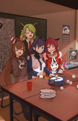 Rule 34 | 5girls, 6+girls, :d, ^ ^, absurdres, advarcher, ahoge, animal ears, black hair, black jacket, blue eyes, blue hair, blue necktie, braid, branch, brown feathers, brown hair, brown hoodie, cake, cake slice, calendar (object), cellphone, ceres fauna, closed eyes, collared shirt, cup, drawstring, drinking glass, fang, feather hair ornament, feathers, flower, food, gawr gura, green hair, hair flower, hair intakes, hair ornament, hakos baelz, hat, highres, holding, holding phone, holocouncil, hololive, hololive english, hood, hood down, hoodie, horns, indoors, irys (hololive), jacket, keyboard (computer), monitor, mori calliope, mouse ears, mouse girl, multicolored hair, multiple girls, nanashi mumei, necktie, ninomae ina&#039;nis, one eye closed, open mouth, ouro kronii, party hat, phone, plate, red eyes, red hair, red necktie, shirt, smile, spoon, streaked hair, table, takanashi kiara, takodachi (ninomae ina&#039;nis), tilted headwear, tsukumo sana, virtual youtuber, watson amelia, white hair, white shirt