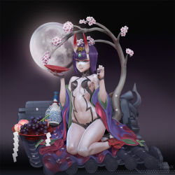 Rule 34 | 1girl, 3d, :p, alcohol, architecture, artist name, bare shoulders, bottle, breasts, bridal gauntlets, cherry blossoms, commentary, covered erect nipples, cup, east asian architecture, fate/grand order, fate (series), food, forehead jewel, fruit, full moon, grapes, highres, holding, holding food, holding fruit, horns, japanese clothes, kimono, leslyzerosix, moon, navel, oni, open clothes, open kimono, peach, petals, purple eyes, purple hair, rooftop, sakazuki, sake, sake bottle, seiza, short hair, shuten douji (fate), shuten douji (first ascension) (fate), sitting, skin-covered horns, small breasts, solo, tongue, tongue out, yokozuwari