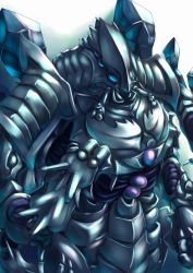 Rule 34 | 1boy, armor, blue eyes, bug, cocytus (overlord), extra arms, extra eyes, fang, gradient background, highres, kanzakietc, male focus, overlord (maruyama), shoulder armor, solo, white background