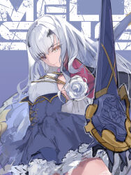 Rule 34 | 1girl, text background, blue background, blue cape, blue dress, cape, character name, claw pose, cowboy shot, dress, melusine (fate), fate/grand order, fate (series), flower, flprayer, frills, gloves, highres, long hair, rose, sidelocks, smile, solo, weapon, white flower, white hair, white rose, yellow eyes