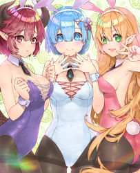 Rule 34 | 3girls, :d, animal ears, arisa (shadowverse), blonde hair, blue eyes, blue hair, blunt bangs, blush, breasts, cleavage, commentary request, cowboy shot, crossover, detached collar, dragon girl, dragon horns, dragon tail, embarrassed, fake animal ears, fingernails, food, from side, frown, fruit, grea (shingeki no bahamut), green background, green eyes, hair between eyes, hairband, highres, horns, large breasts, leotard, lime (fruit), long fingernails, long hair, manaria friends, multiple girls, nail polish, necktie, open mouth, pantyhose, parted bangs, pink leotard, pink nails, playboy bunny, pointy ears, princess connect!, pulling own clothes, purple eyes, purple hair, purple leotard, rabbit ears, rabbit tail, re:zero kara hajimeru isekai seikatsu, rem (re:zero), shadowverse, shingeki no bahamut, short hair, short necktie, sideboob, smile, standing, tail, v, very long hair, waterring, white leotard