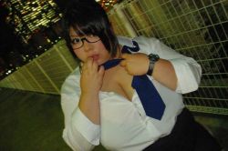Rule 34 | 1girl, asian, black hair, breasts, cosplay, fat, glasses, holon, holon (cosplay), huge breasts, luu (cosplayer), necktie, photo (medium), real drive, solo, watch, wristwatch