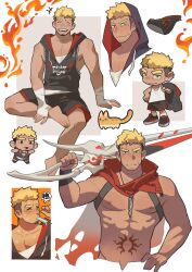Rule 34 | 1boy, absurdres, bandaged hand, bandages, barefoot, black shorts, blonde hair, blush, chibi, closed eyes, facial hair, food, food in mouth, gh himainu, gyee, highres, holding, holding sword, holding weapon, hood, hood up, jewelry, male focus, multiple views, necklace, popsicle, popsicle in mouth, romg, scar, scar across eye, scar on face, short hair, shorts, smile, stomach tattoo, sword, tattoo, undercut, weapon
