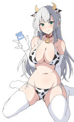 Rule 34 | 1girl, animal ears, animal print, arms behind back, bell, bikini, bottle, breasts, closed mouth, collar, cow ears, cow horns, cow print, flower, green eyes, grey hair, hair flower, hair ornament, highres, holding, holding bottle, hololive, horns, large breasts, long hair, looking at viewer, milk bottle, navel, neck bell, nel-c, no shoes, print bikini, red collar, shirogane noel, side-tie bikini bottom, simple background, sitting, skindentation, smile, solo, stomach, swimsuit, thighhighs, thighs, virtual youtuber, wariza, white background, white thighhighs