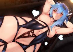Rule 34 | 1girl, armpits, arms behind head, arms up, black hairband, blue hair, blush, breasts, cleft of venus, dutch angle, eula (genshin impact), genkung, genshin impact, hair ornament, hairband, heart, highres, large breasts, lingerie, looking at viewer, medium hair, navel, nipples, revealing clothes, sidelocks, solo, thighs, underwear, wedgie, yellow eyes