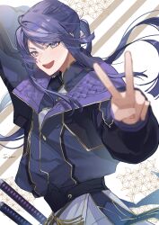 1boy absurdres blue_eyes cowboy_shot highres jacket katana long_sleeves looking_at_viewer male_focus nagao_kei nijisanji open_mouth partially_open_jacket partially_unzipped ponytail purple_hair quilted_jacket sidelocks sirom solo sword teeth upper_teeth_only v virtual_youtuber weapon