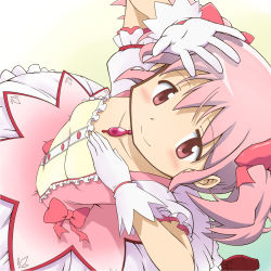 Rule 34 | 10s, 1girl, bow, collarbone, gloves, hair ribbon, highres, kaname madoka, magical girl, mahou shoujo madoka magica, mahou shoujo madoka magica (anime), pink eyes, pink hair, ribbon, short hair, short twintails, smile, solo, soul gem, takahan, twintails, white gloves