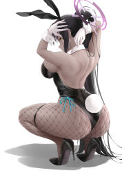 Rule 34 | 1girl, absurdres, animal ears, ass, bare arms, bare shoulders, black footwear, black hair, black leotard, blue archive, breasts, detached collar, fake animal ears, fake tail, fishnet pantyhose, fishnets, from behind, full body, glance, halo, hands up, high heels, highres, karin (blue archive), karin (bunny) (blue archive), large breasts, leotard, long hair, pantyhose, parted lips, playboy bunny, ponytail, pumps, rabbit ears, rabbit tail, shigatsu (4gate), shoes, sidelocks, simple background, solo, squatting, stiletto heels, tail, thigh strap, thighs, white background, wrist cuffs, yellow eyes