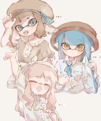Rule 34 | 3girls, arm up, blue eyes, blue hair, bow, bow hairband, brown hair, brown headwear, closed eyes, closed mouth, color guide, commentary, food in mouth, hair bow, hairband, hat, highres, inkling, inkling girl, inkling player character, long hair, looking at viewer, multiple girls, nintendo, open mouth, pink hair, pointy ears, simple background, splatoon (series), symbol-only commentary, tentacle hair, thick eyebrows, white background, white bow, white hairband, yawning, yellow eyes, yksb inc6